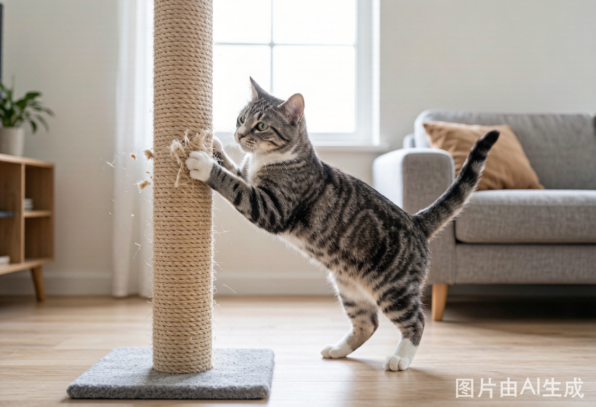 A cat stretching on a scratching post