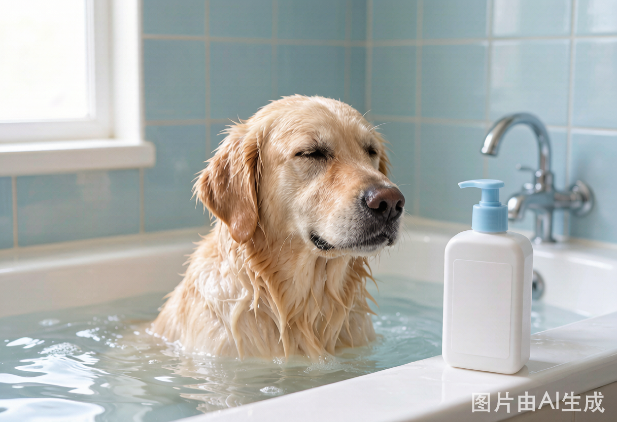 A dog being bathed with soothing shampoo