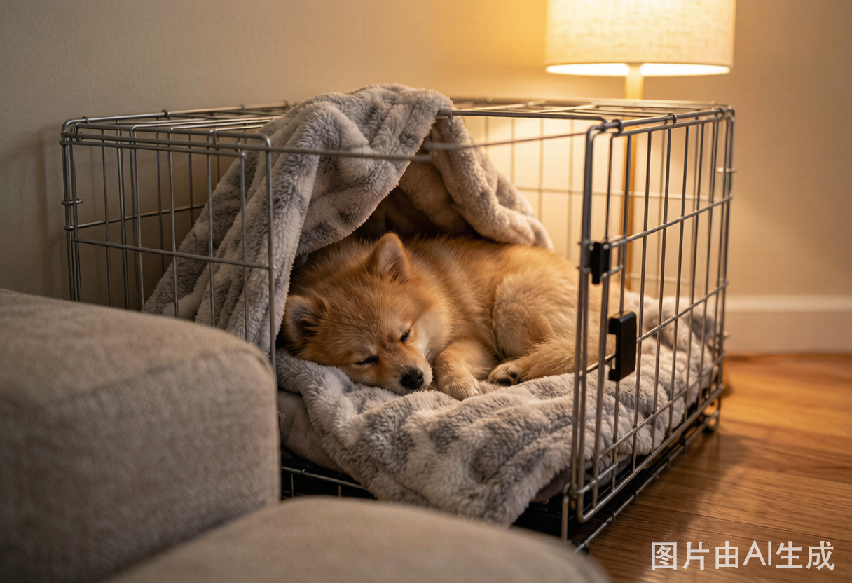 A dog resting calmly in a cozy crate
