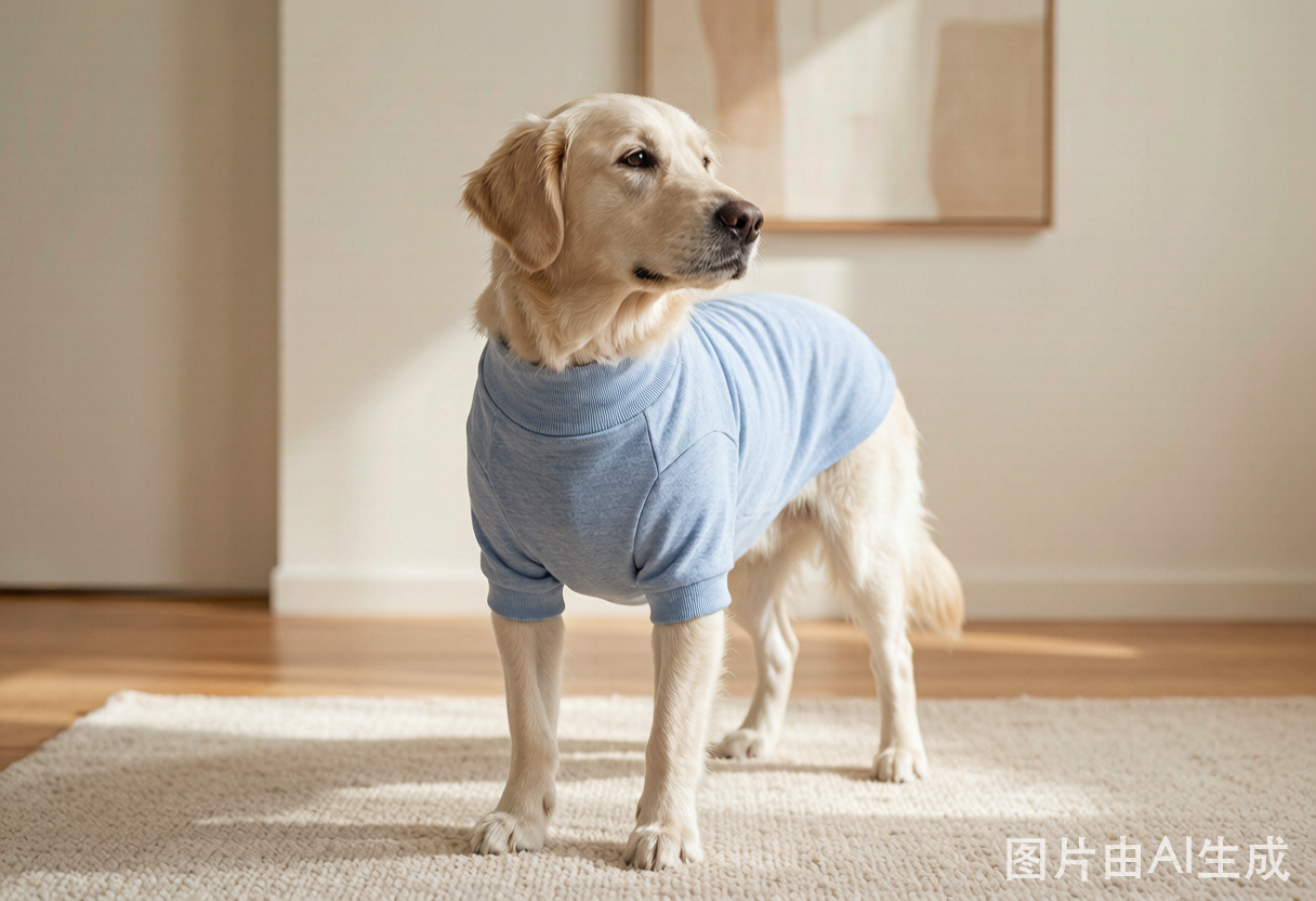 A dog wearing a calming anxiety wrap