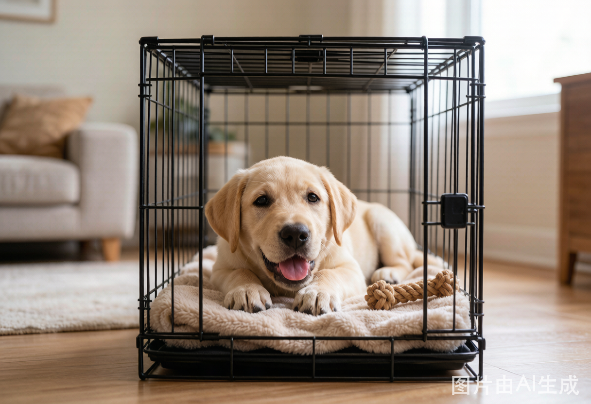 Cooper resting calmly in his crate on his first night home