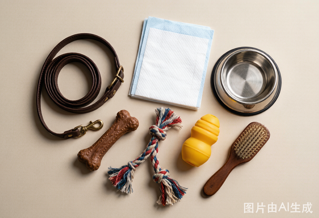 Essential new-dog supplies laid out on a table